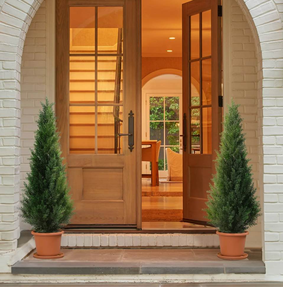Artificial Cedar Tree 2 Pack 4 ft Outdoor Artificial Topiary Cedar Plants Fake Tree UV Rated Potted Tree for Perfect Housewarming Gift, Set of 2