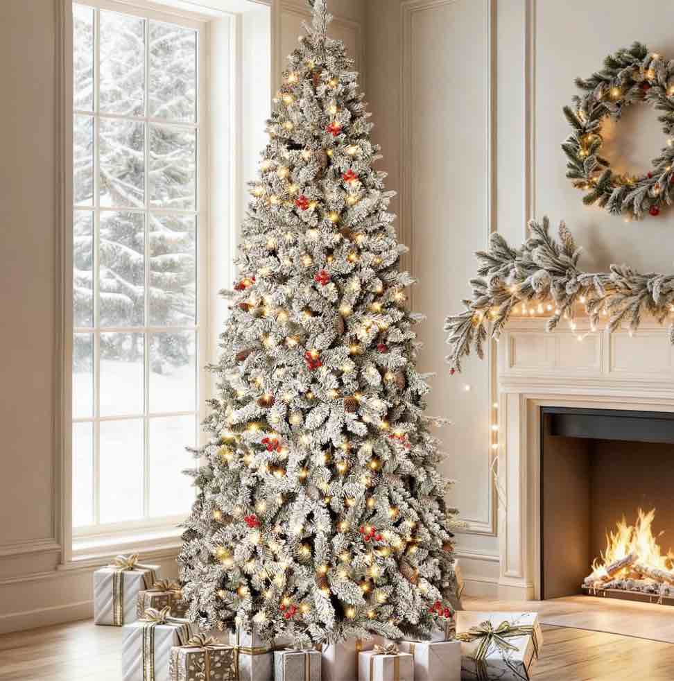 GVDV Christmas Tree 6ft Pre-Lit Snow Flocked Artificial Christmas Tree with Pinecones & Berries, for Home, Office and Party Decor, Metal Hinges Easy Assembly