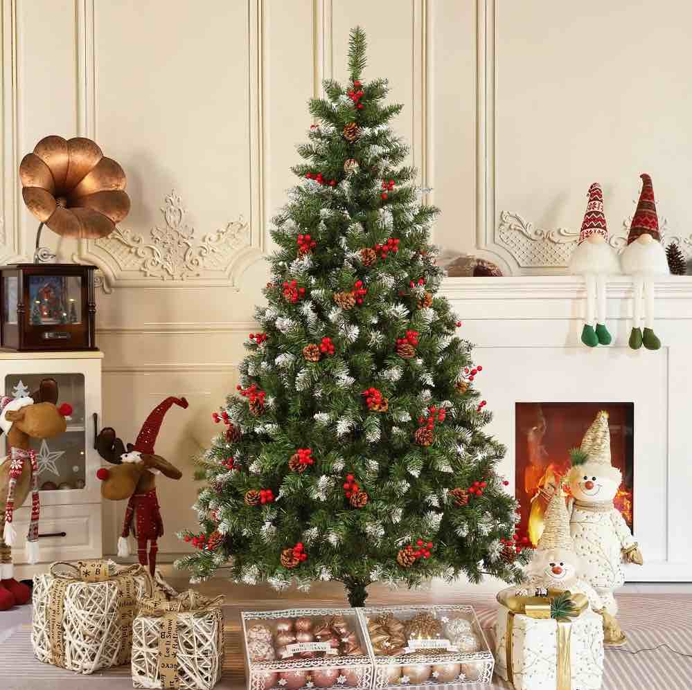JUSTLET 6FT Pre-Lit Berry Christmas Tree with 300 Warm White LEDs, Snowflake & Pine Cone Decor, Easy Assembly Metal Hinges for Holiday Decorations
