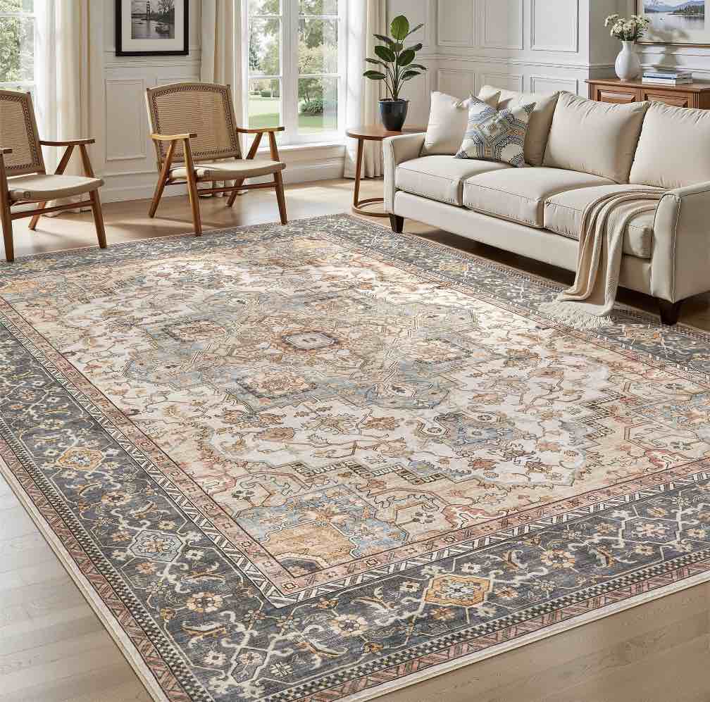 UERMEI 10'x14' Washable Area Rugs for Living Room, Vintage Floral Boho Printed Carpet, Non Slip Indoor Large Rugs for Bedroom Home Decor Carpets, with 6Pcs Rug Tape - Black/Sage/Brown