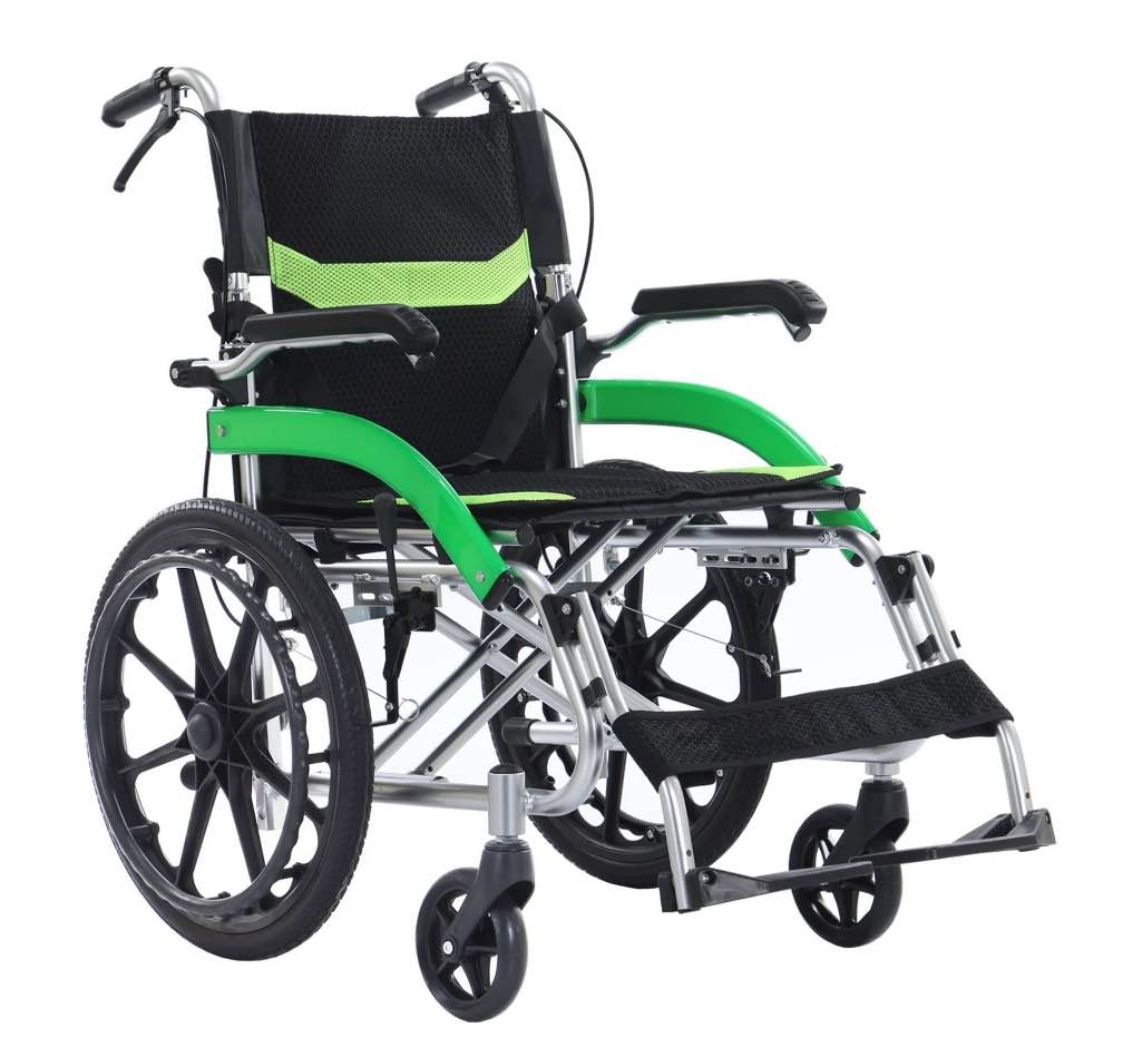 YEBEI Lightweight Transport Wheelchair Foldable, Double-Brake Design Wheelchair with Self-Propelled for Adults with 20-Inch Large Rear Wheel Support 230Lbs Green