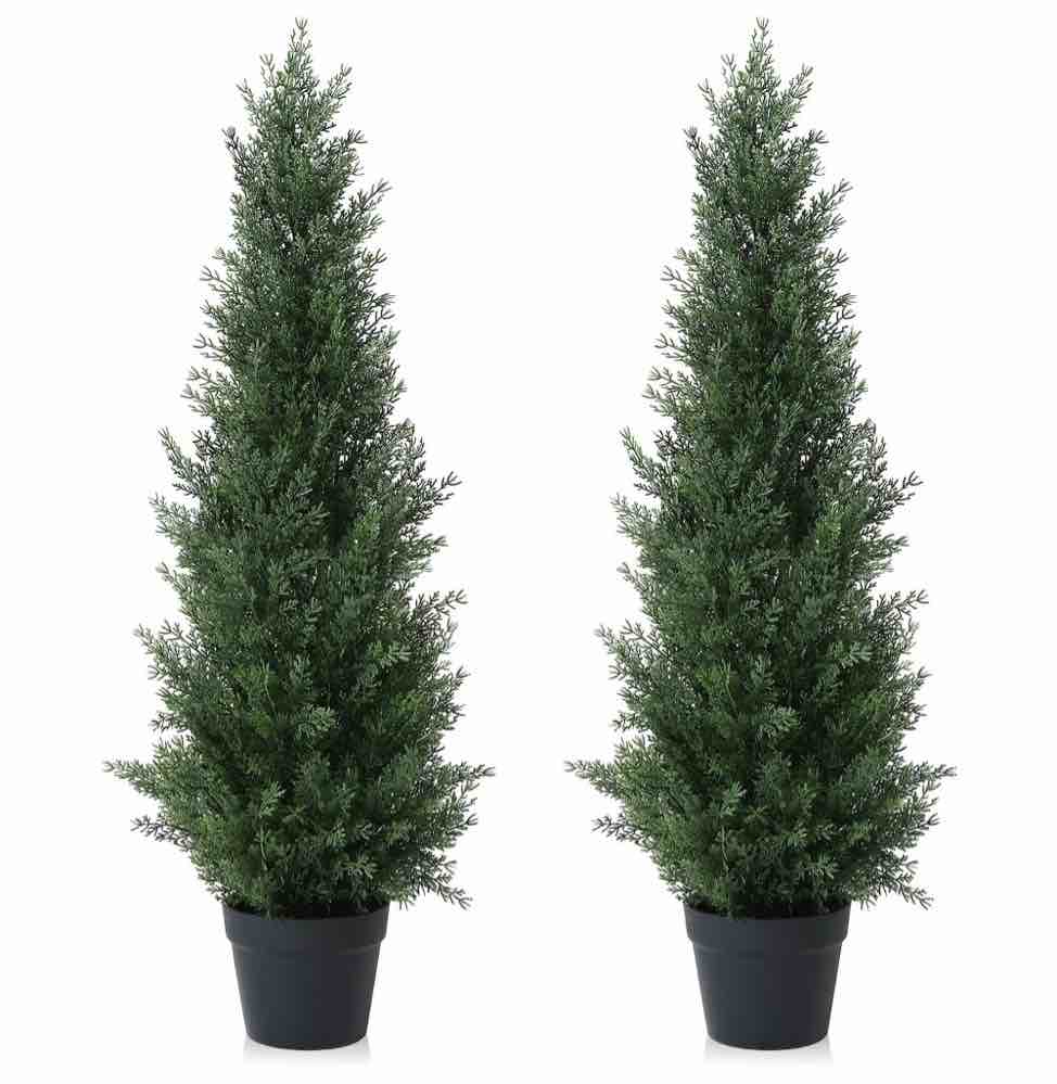 Artificial Cedar Tree 2 Pack 3 ft Outdoor Artificial Topiary Cedar Plants Fake Tree UV Rated Potted Plants for Porch Decor Faux Pine Tree for Perfect Housewarming Gift
