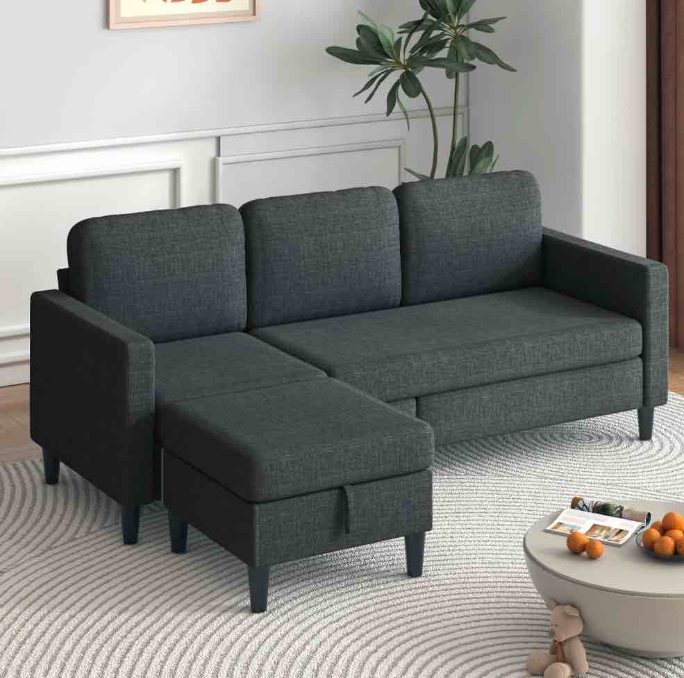 Sectional Sofa with Ottoman, 3 Seater L Shaped Sofa for Living Room - Dark Grey