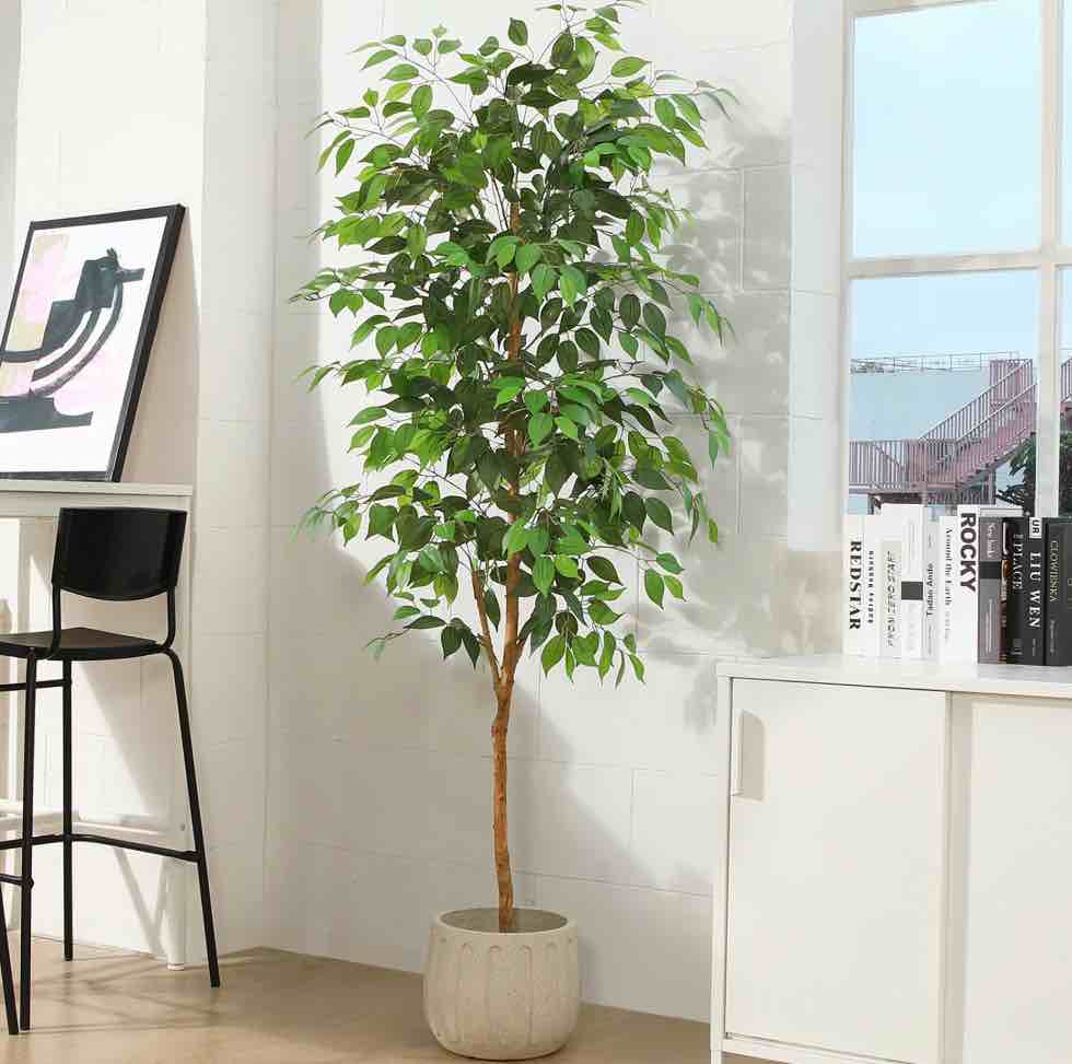 6FT Artificial Ficus Tree with Natural Wood Trunk and Lifelike Leaves, Silk Fake Potted Tree with Wood Branches, Faux Tree for Office Home Decor