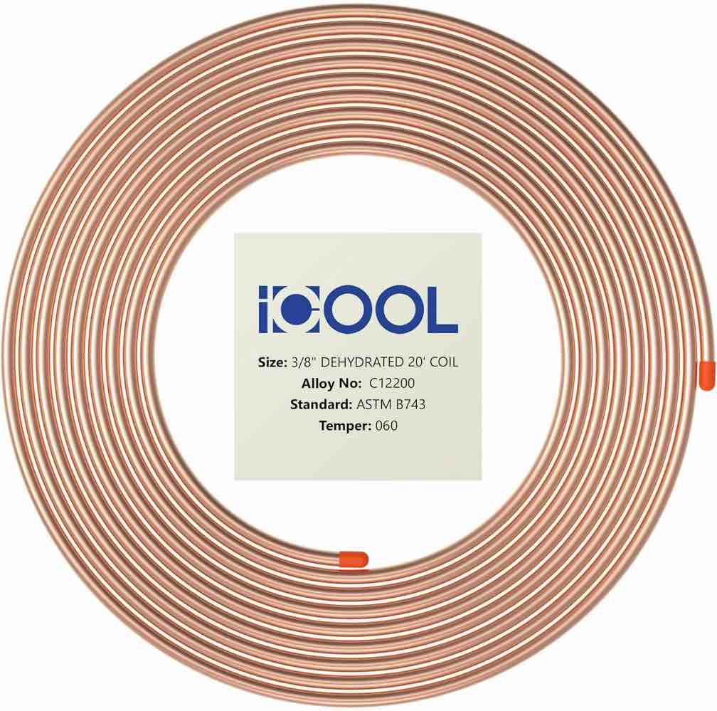 ICOOL 3/8" Copper Tubing 20 Ft - ASTM B743 Refrigeration Soft Coil Copper - 99.9% C12200 Pure ACR Tubing - Seamless Round for HVAC Refrigerator Industry DIY