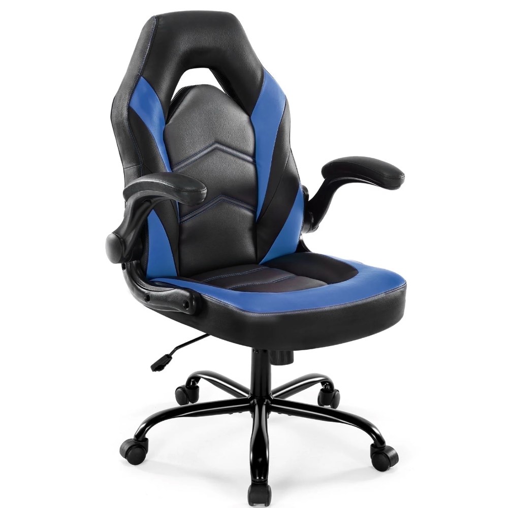 CONCETTA High-Back Gaming Office Chair, Faux Leather Swivel with Flip-up Armrests for Adults, Blue