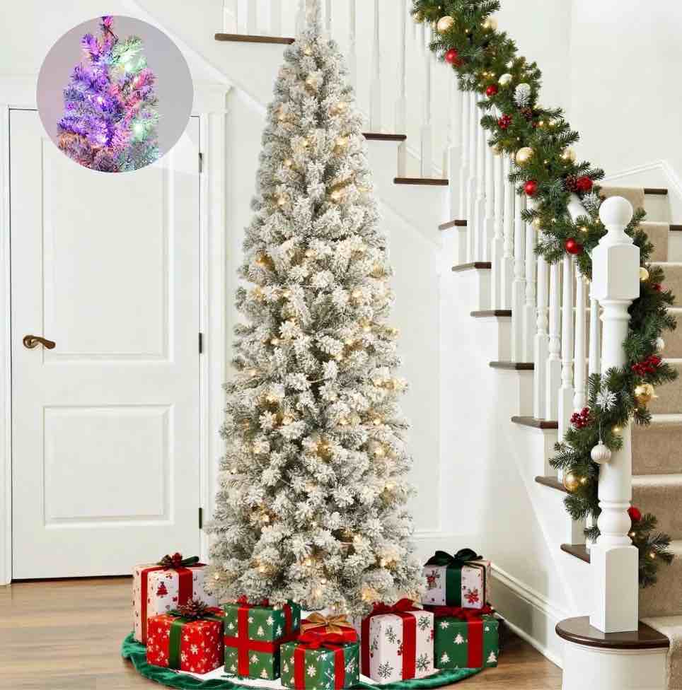Qunler 6ft Pre-Lit Flocked Pencil Christmas Tree, Artificial Slim Corner Xmas Tree with Warm White & Color Changing Lights, 10 Lighting Modes for for Holiday Decor