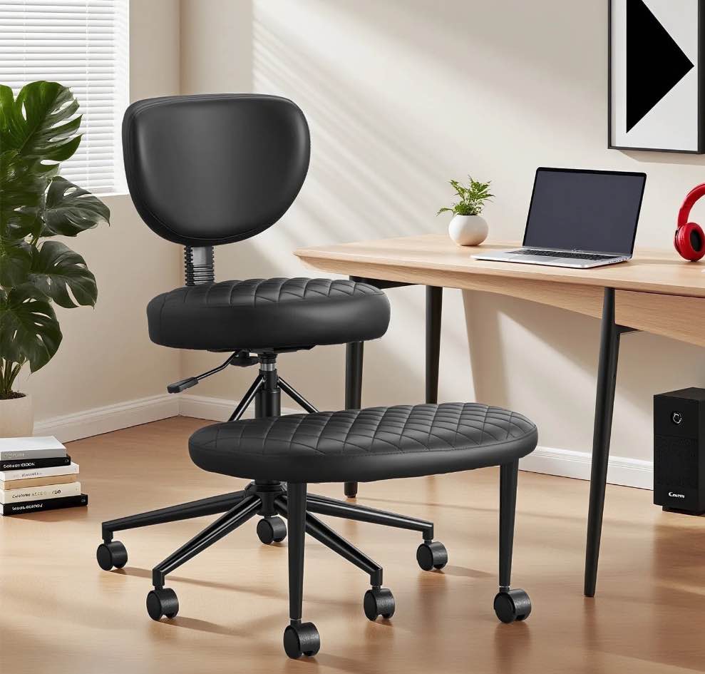 JONPONY Ergonomic Cross Legged Swivel Chair, ADHD Office Chair, Meditation Chair with Lumbar Support, Adjustable Height and Retractable footrest, Home and Office, Durable PU Leather, Black