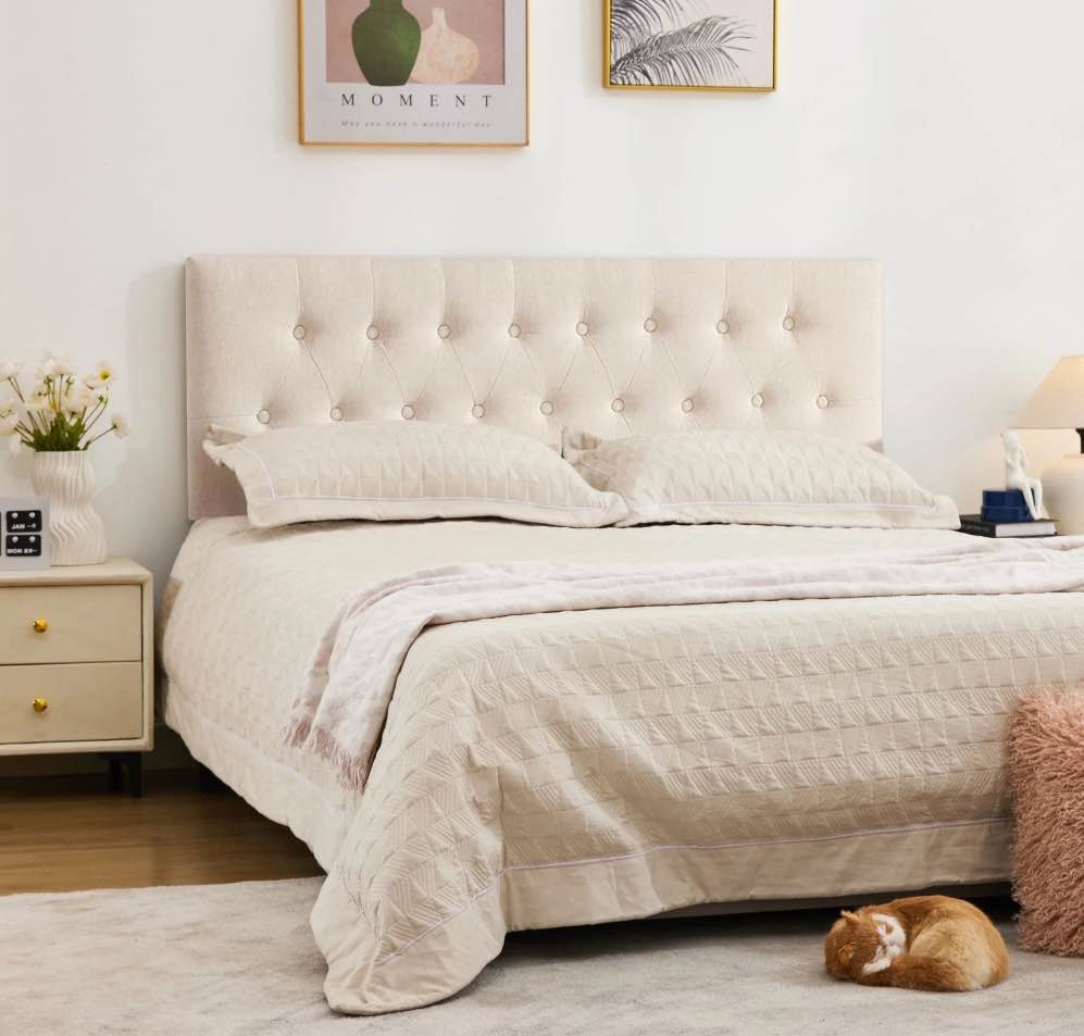JONPONY Tufted Upholstered Headboard Queen Size, Solid Wood Head Board with Adjustable Height Headboard from 37" to 51",Bed Frame Adapters,Beige,Headboard Only