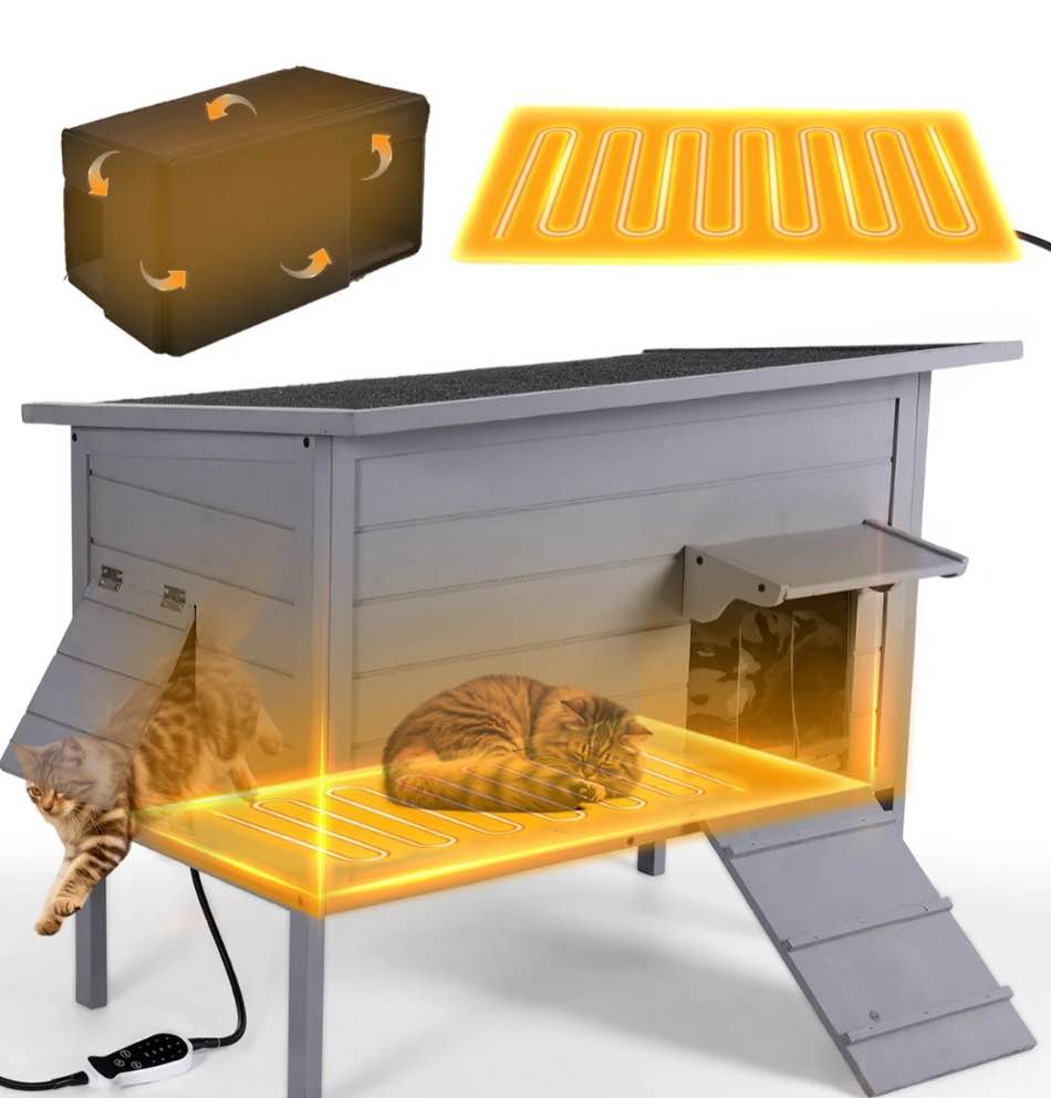Heated Cat House for Outdoor, DOMIPET Waterproof Large Insulated Winter Feral Cat Shelter with Heating Pad for Multiple Cats Small Animals, Foam Wooden Cat Condos with Elevated Base, Escape Door