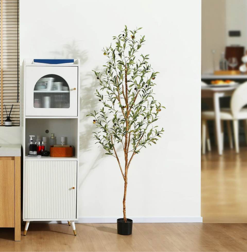 6 ft Artificial Olive Plants with Realistic Leaves and Natural Trunk, Silk Fake Olive Tree in Black Plastic Pot, Faux Olive Tree for Office Home