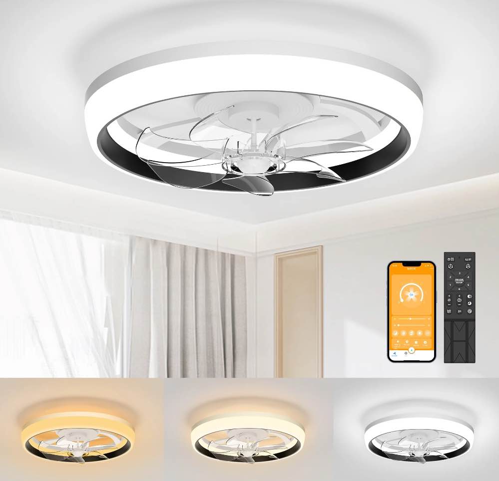 SKVEVN 19" Ceiling Fan with Light - 2 Colors Lighting, 6 Wind Speeds, Ceiling Fan with Remote Control&APP, Modern Dimmable LED Ceiling Fan, Smart Ceiling Fan for Bedroom, Kids Room(Black)