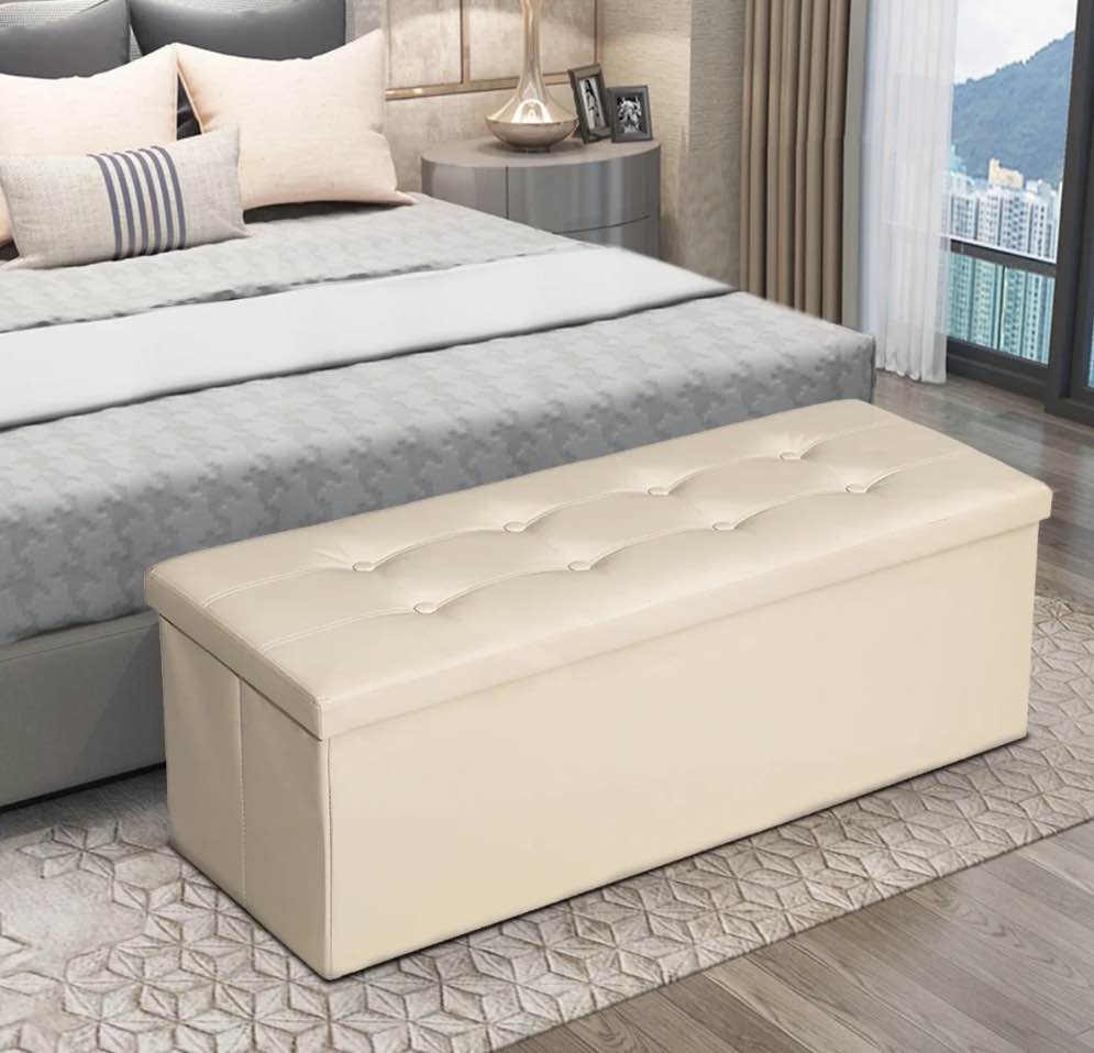 43" Ottoman with Storage Bench Long End of Bed Seat with Storage Large Hinged Storage Ottoman Bench Folding Chest Footrest Toy Chest for Kids Bedroom Living Room Large Size -Beige,Brown,Black