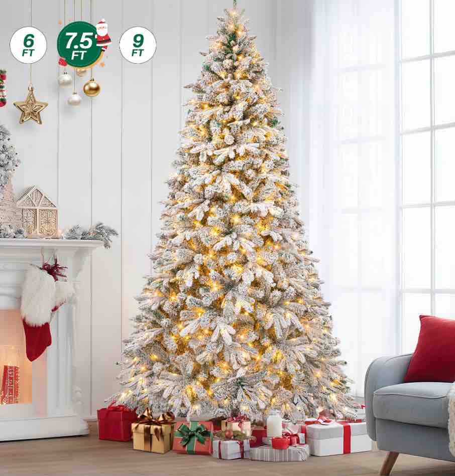 Firstness 7.5ft Pre-Lit Artificial Christmas Tree with 600 LED Lights,Snow Flocked Xmas Tree