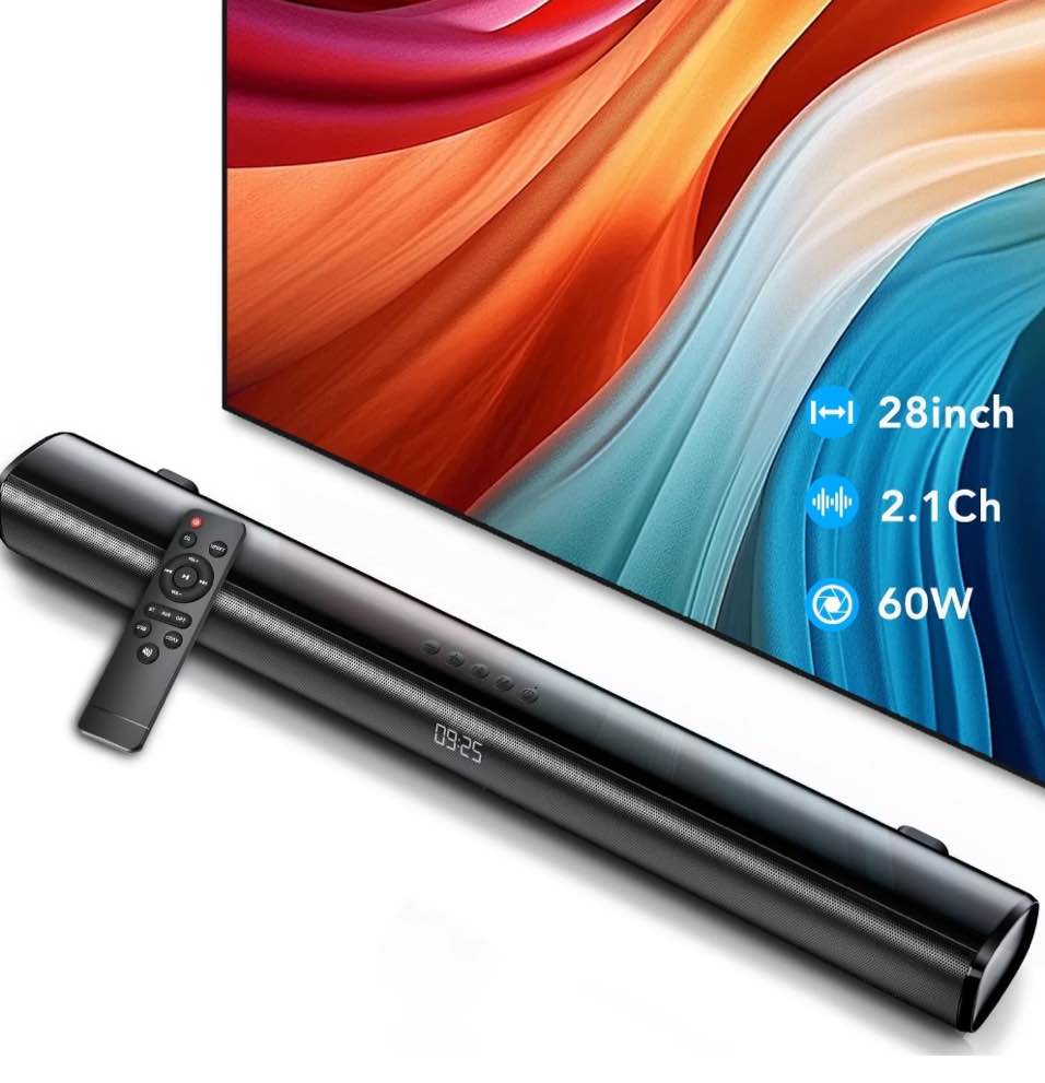 Sound Bar for TV, 60W Soundbar TV Speakers, 2.1 ch Home Theater with Subwoofer Boost, 3 Equalizer Modes, Soundbar for TV/PC/Gaming/Projectors, Bluetooth, OPT, COX, USB & AUX Wall Mountable