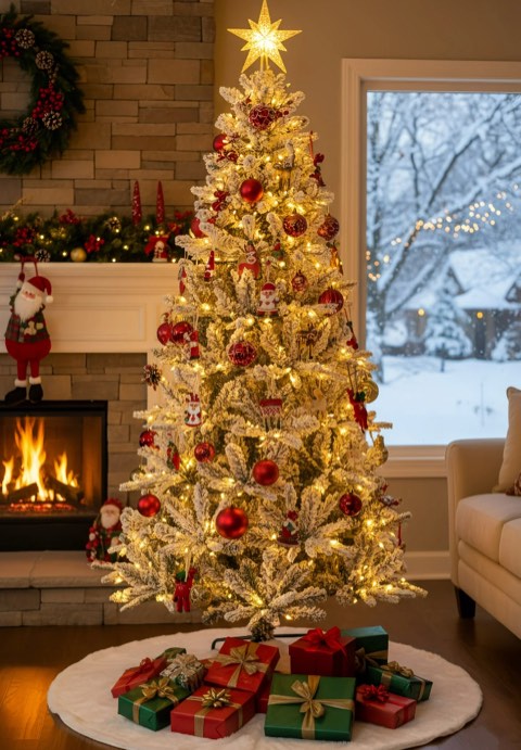 BSHAPPLUS® 6ft Pre-Lit Flocked Pencil Christmas Trees,Artificial Slim Xmas Tree with 800 Branch Tips,350 Color Changing Lights for Home, Office and Holiday Party Decor