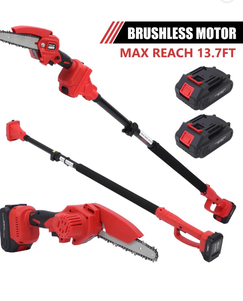 2-in-1 Brushless Cordless Pole Saw,6+8in Mini Chainsaw & Pole Saw with 2pcs 2.0A Batteries, 13.6ft Max Reach Brach Tree Saw Telescoping Extension Rod for Wood Tree Trimming Wood Cutting,Red