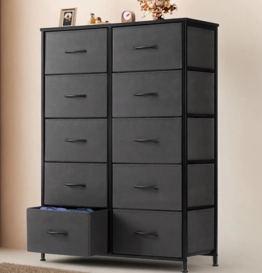 CONCETTA Dresser for Bedroom with 10 Fabric Drawers, Tall Chest Organizer, Freestanding Storage Cabinet for Adults, Gray