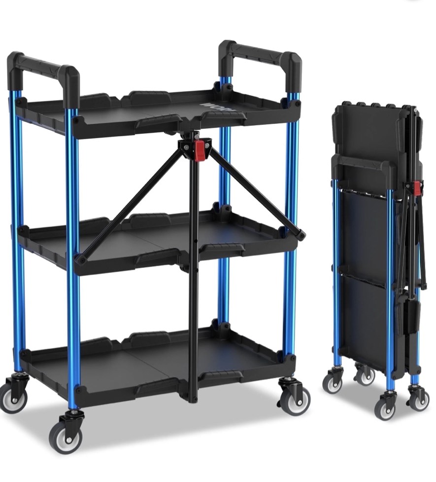 WORKPRO 3-Tier Folding Collapsible Service Cart with Wheels, 210 Lbs Loading Capacity, Foldable Rolling Utility Cart for Garage, Warehouse, Home, Restaurant, Office