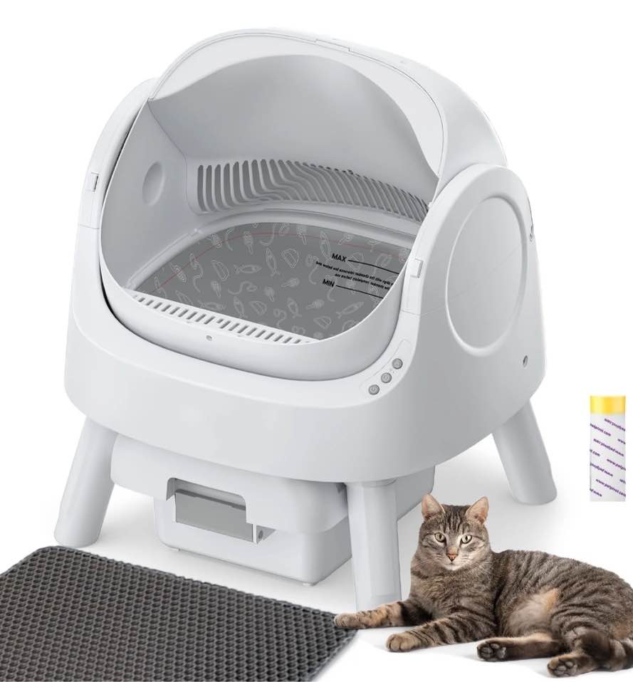 petpivot large open-top automatic cat litter box self cleaning with safety protection, mat and trash bags included, white