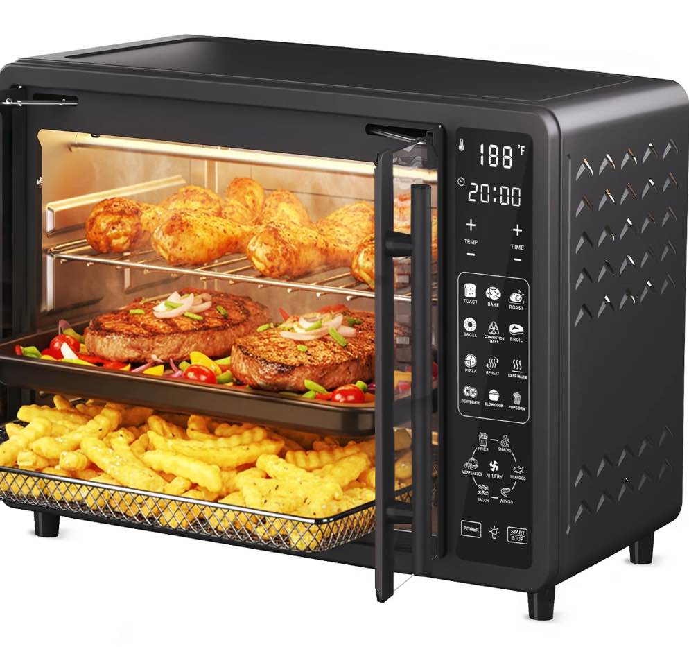 25QT French Door Air Fryer Toaster Oven Combo, Bake, Broil, Roast, 19 Cooking Functions and Digital Controls, NTC Precise Temp Control, 1700W Powerful Heating, Stainless Steel Easy to Clean