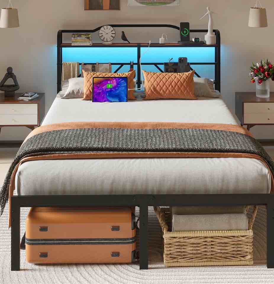 NISIEN Queen Size Bed Frame with LED Storage Headboard & Charging Station, Metal Platform Bed, Black