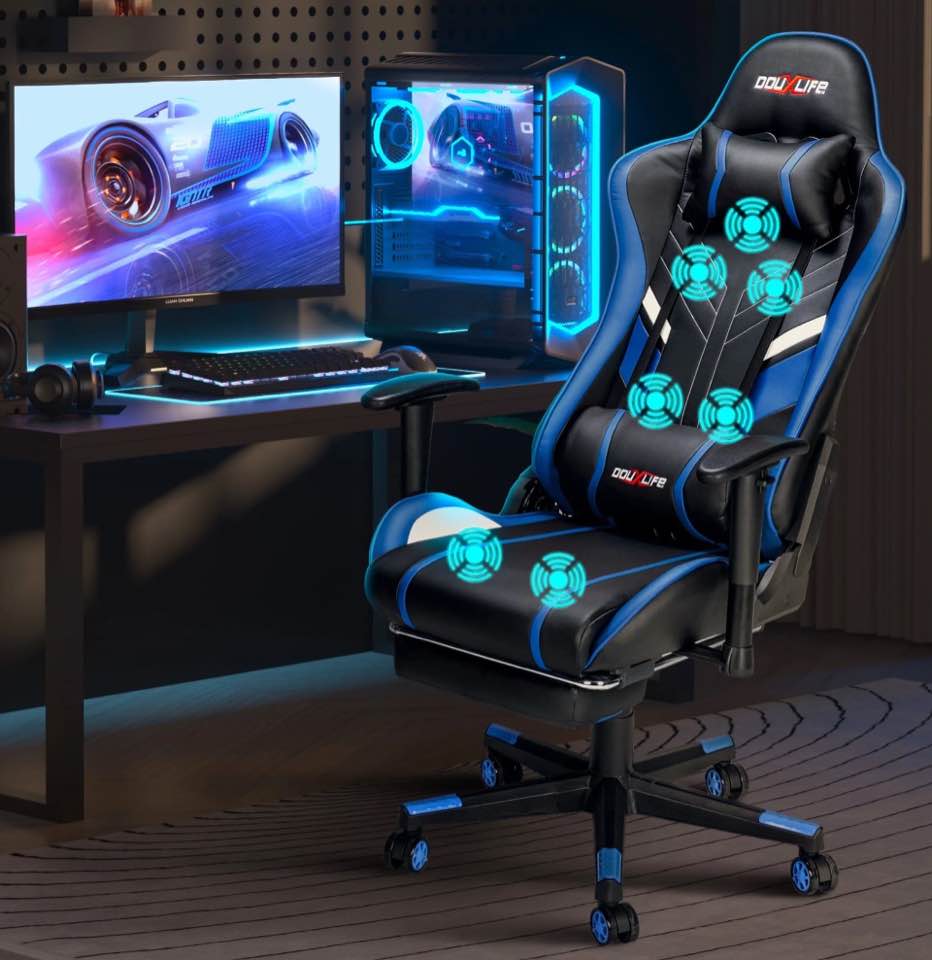 Douxlife 7-Point Massage Gaming Chair with Footrest, 175° Reclining, Ergonomic Racing High Back Home Office Computer Chair, Video Game Chair for Adults Kids