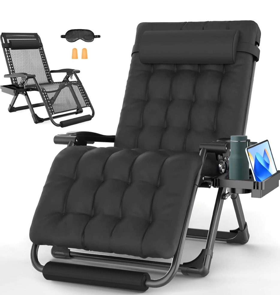GVDV Oversized Zero Gravity Chair, 33In XXL Lounge Chair 500lbs Capcity with Removable Thick Cushion, Lawn Patio Reclining Chair Upgraded Alloy Lock and Cup Holder, for Indoor Outdoor, Black