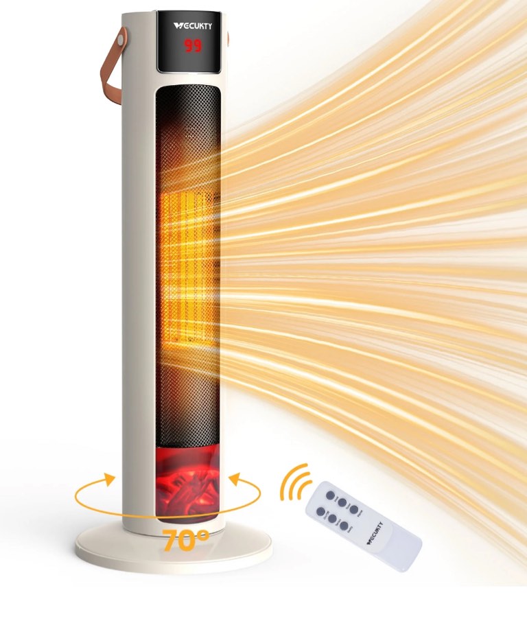 VECUKTY 26" Tower Space Heater with 3D Flame, 1500W Portable Electric Tower Electric Heater, 70 °Oscillation, 9H Timer,Remote Control for Indoor Bedroom Office Home