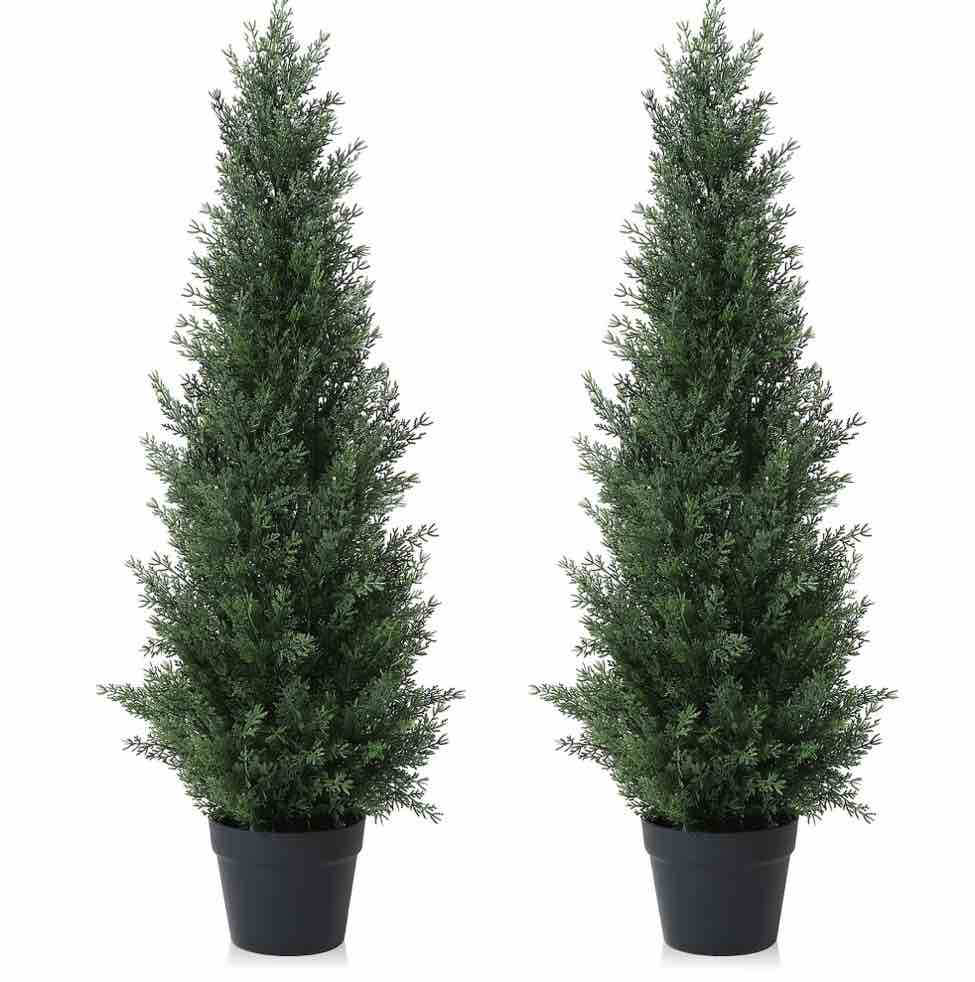 Artificial Cedar Tree 2 Pack 3 ft Outdoor Artificial Topiary Cedar Plants Fake Tree UV Rated Potted Plants for Porch Decor Faux Pine Tree for Perfect Housewarming Gift
