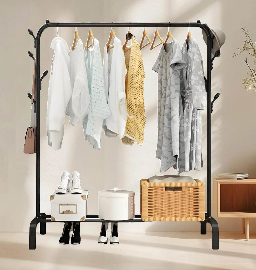 HioHa Clothes Drying Rack with Storage Shelf & Wheels | Mobile Garment Rail with Hooks for Laundry Room, Bedroom, Dorm
