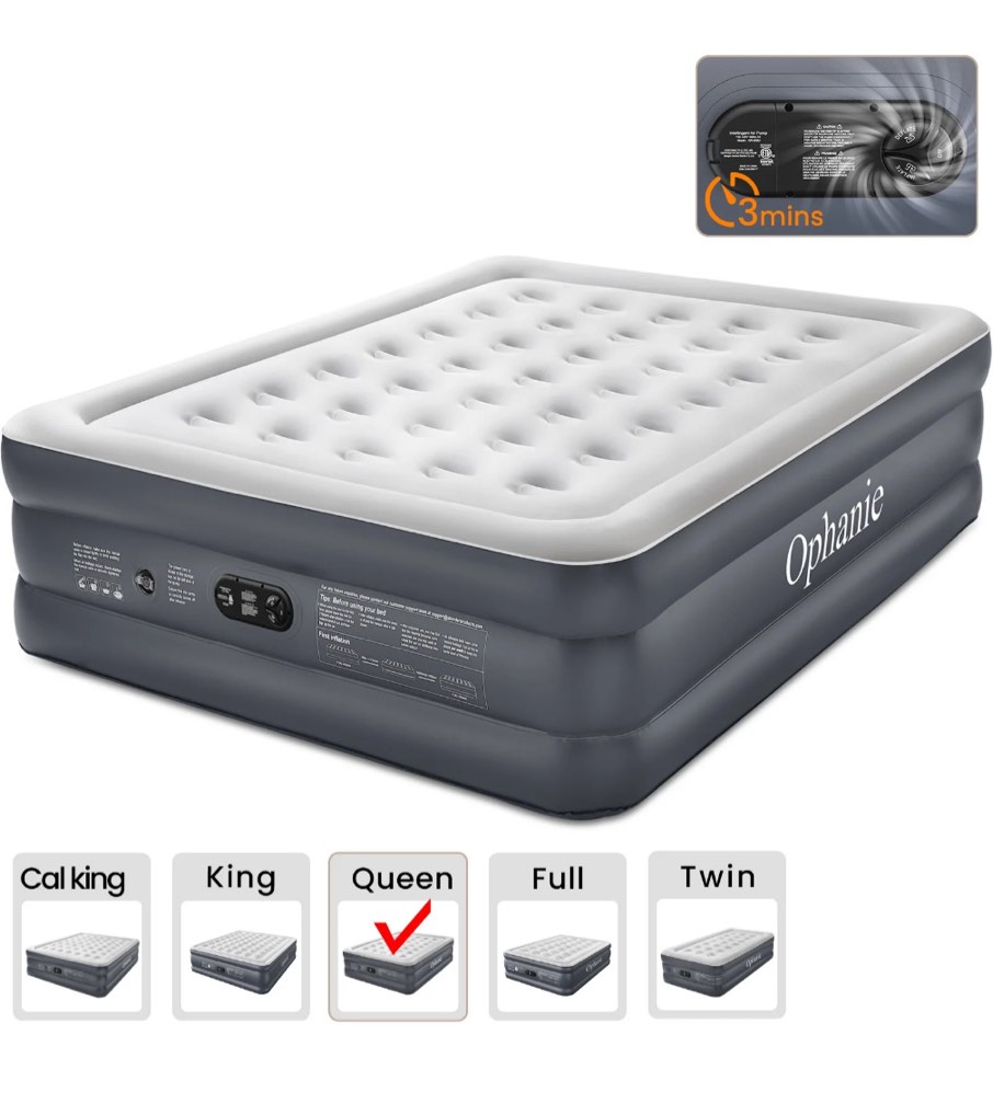 Ophanie Queen Air Mattress, 18-Inch Elevated Inflatable Bed with Built-in Pump, Puncture-Resistant, Quick Inflation/Deflation, Portable for camping & Guests, Dark Gray