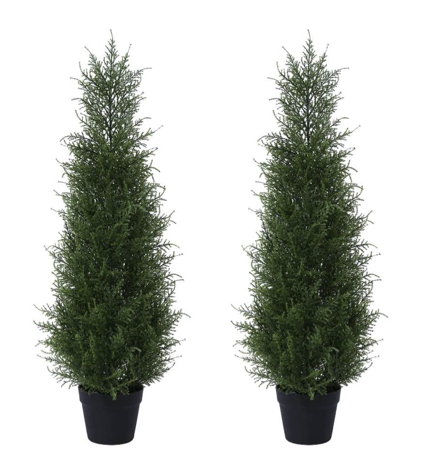 Artificial Cedar Tree 2 Pack 4 ft Outdoor Artificial Topiary Cedar Plants Fake Tree UV Rated Potted Tree for Perfect Housewarming Gift, Set of 2