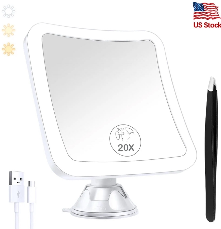 B Beauty Planet 20X Magnifying Lighted Makeup Mirror, Powerful Locking Suction Cup 360° Rotation