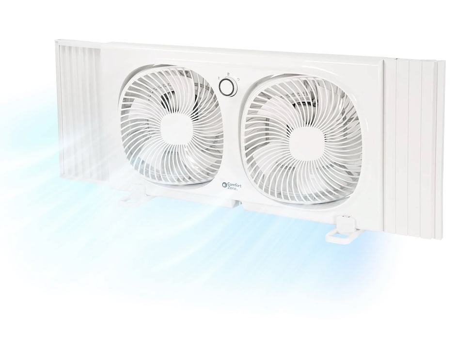 Comfort Zone 9 in. Twin Window Fan, 2 Speeds, Rotating Heads, Bug Screen