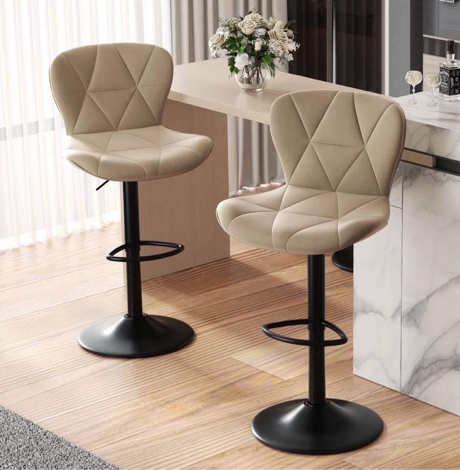 Hawsaiy Modern Bar Stools Set of 2, Adjustable Faux Leather Upholstered Swivel Bar Stools, Counter Height Bar Chairs with Back for Kitchen Island, Khaki