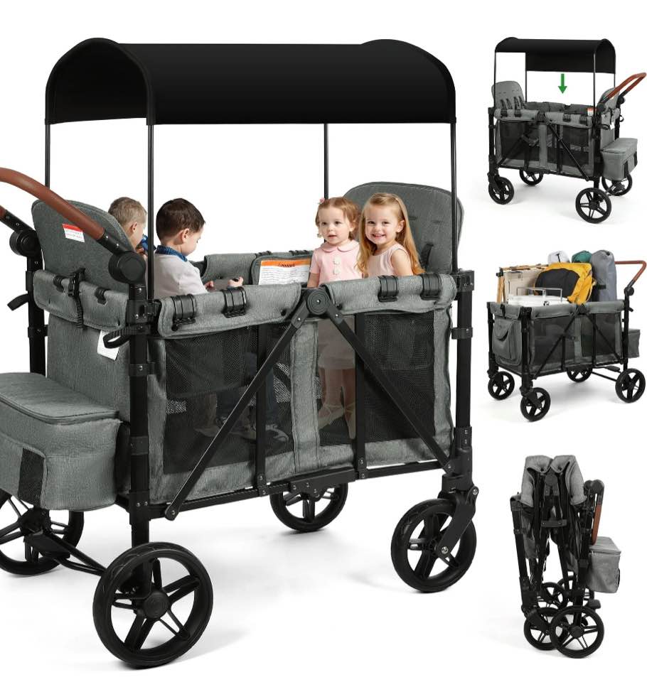 Vomeast Wagon Stroller for 4 Kids, 3-in-1 Stroller Wagon with Canopy, 5-Point Harness, Adjustable Handlebars, Removable Seat for Toddlers, Grey