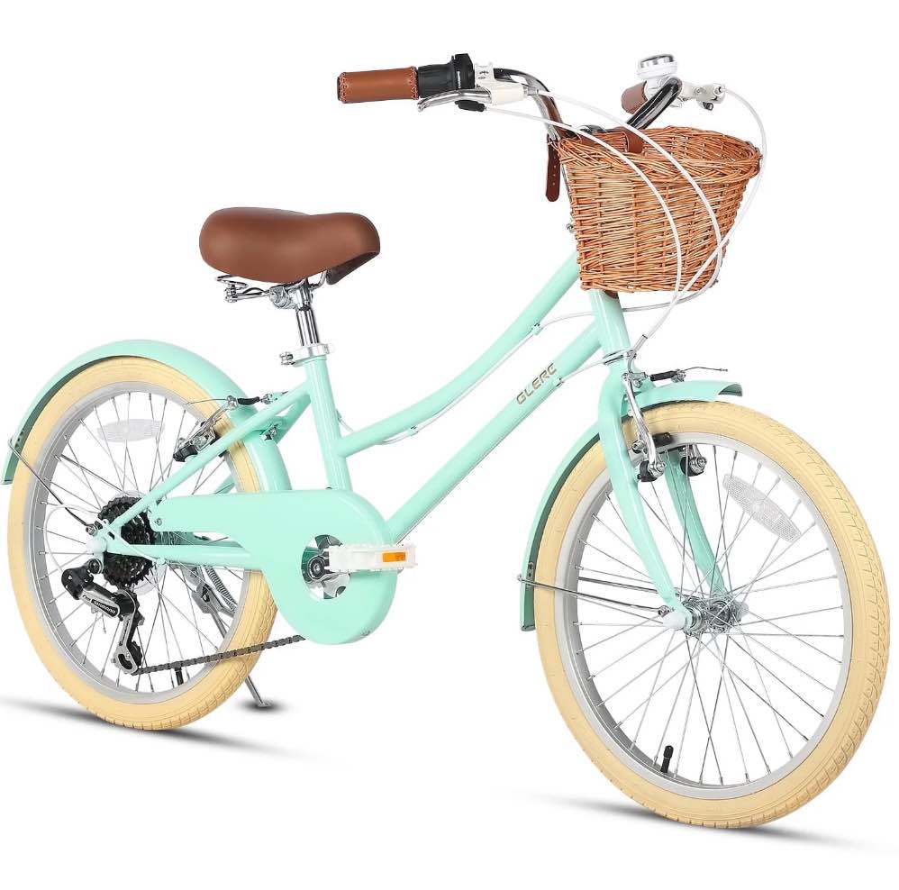Glerc Missy 20" inch Girl Cruiser Kids Bike 6-Speed Teen Hybrid City Bicycle for Youth Ages 6 7 8 9 10 11 12 Years Old with Wicker Basket & Lightweight, Mint Green