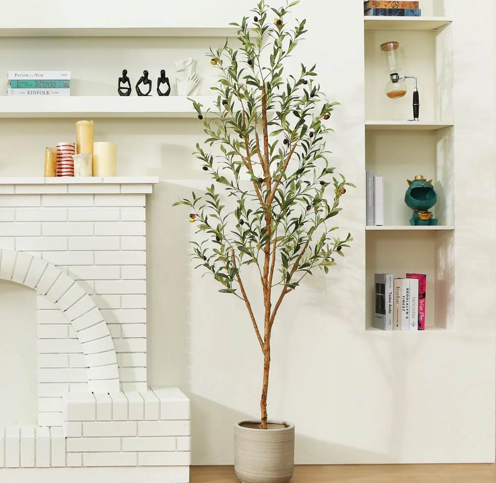 6 ft Artificial Olive Plants with Realistic Leaves and Natural Trunk, Silk Fake Olive Tree in Black Plastic Pot, Faux Olive Tree for Office Home