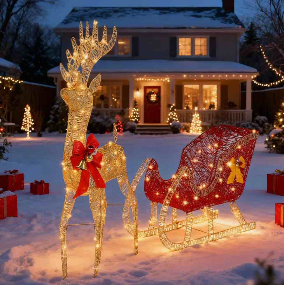 Christmas Reindeer Sleigh Set Outdoor Decoration Holiday Decor LED Lights,Gold Ktaxon