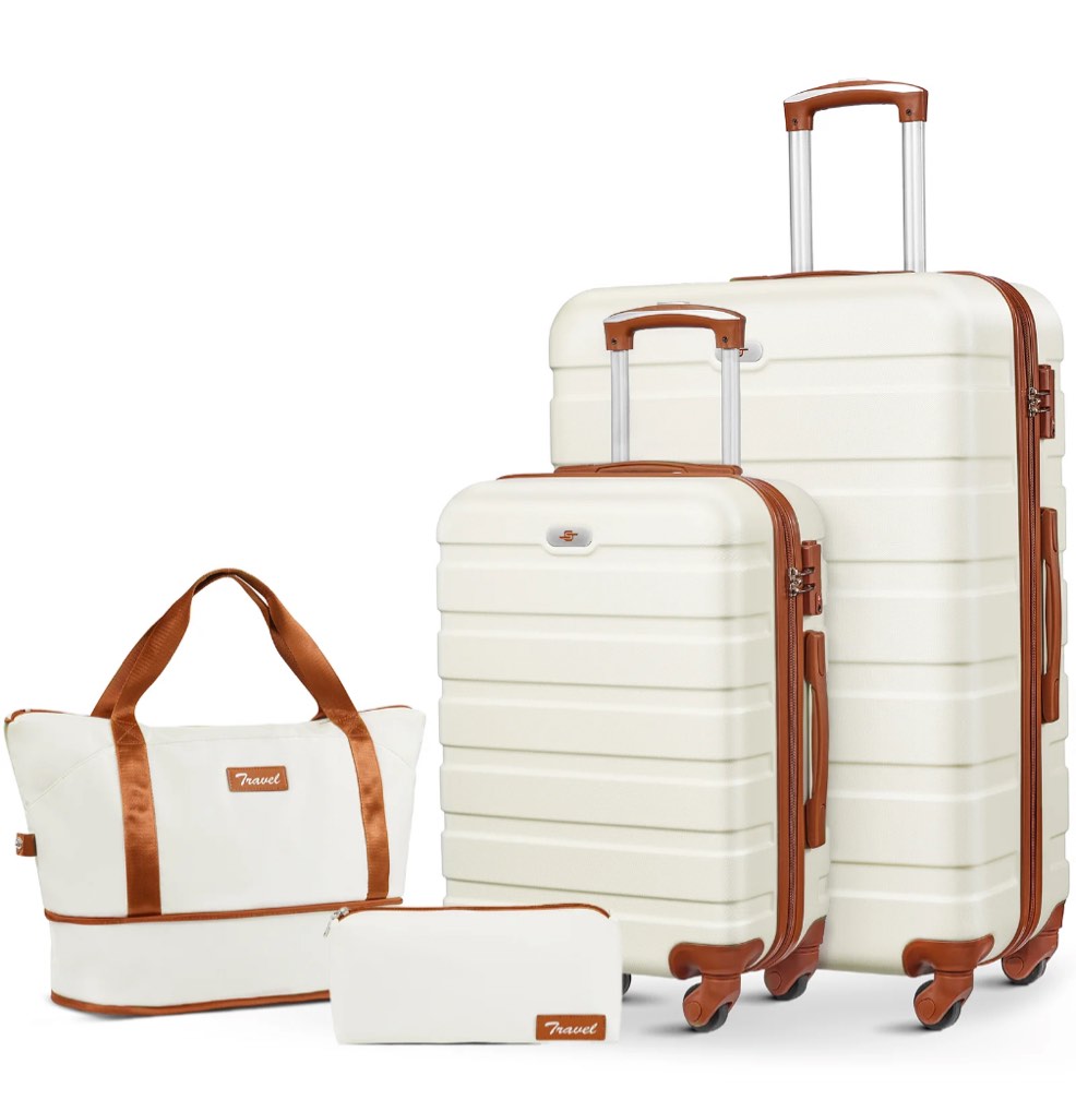 4 Piece Luggage Set,20/28 inch Hardshell Lightweight Carry-on and Checked Suitcase with Expandable Travel Duffle Bags,White&Brown