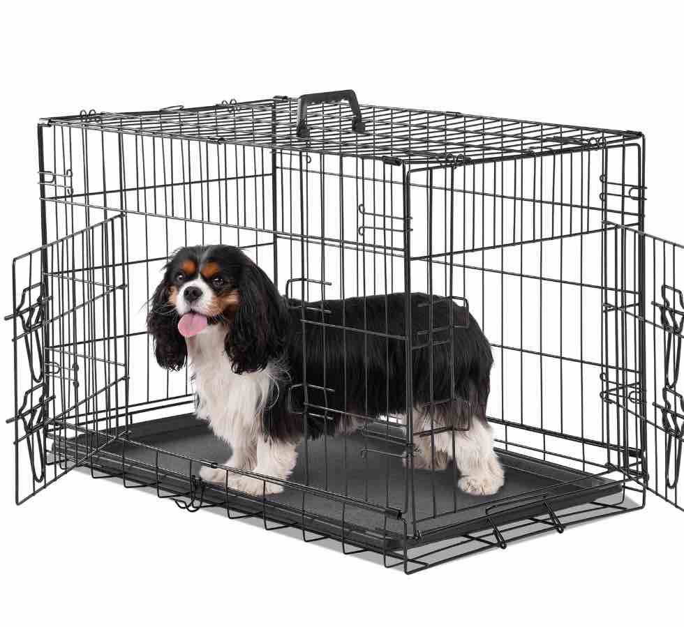 EDX Medium Dog Crate with Divider Panel, 30 Inch Double Door Folding Metal Wire Dog Cage with Plastic Leak-Proof Pan Tray
