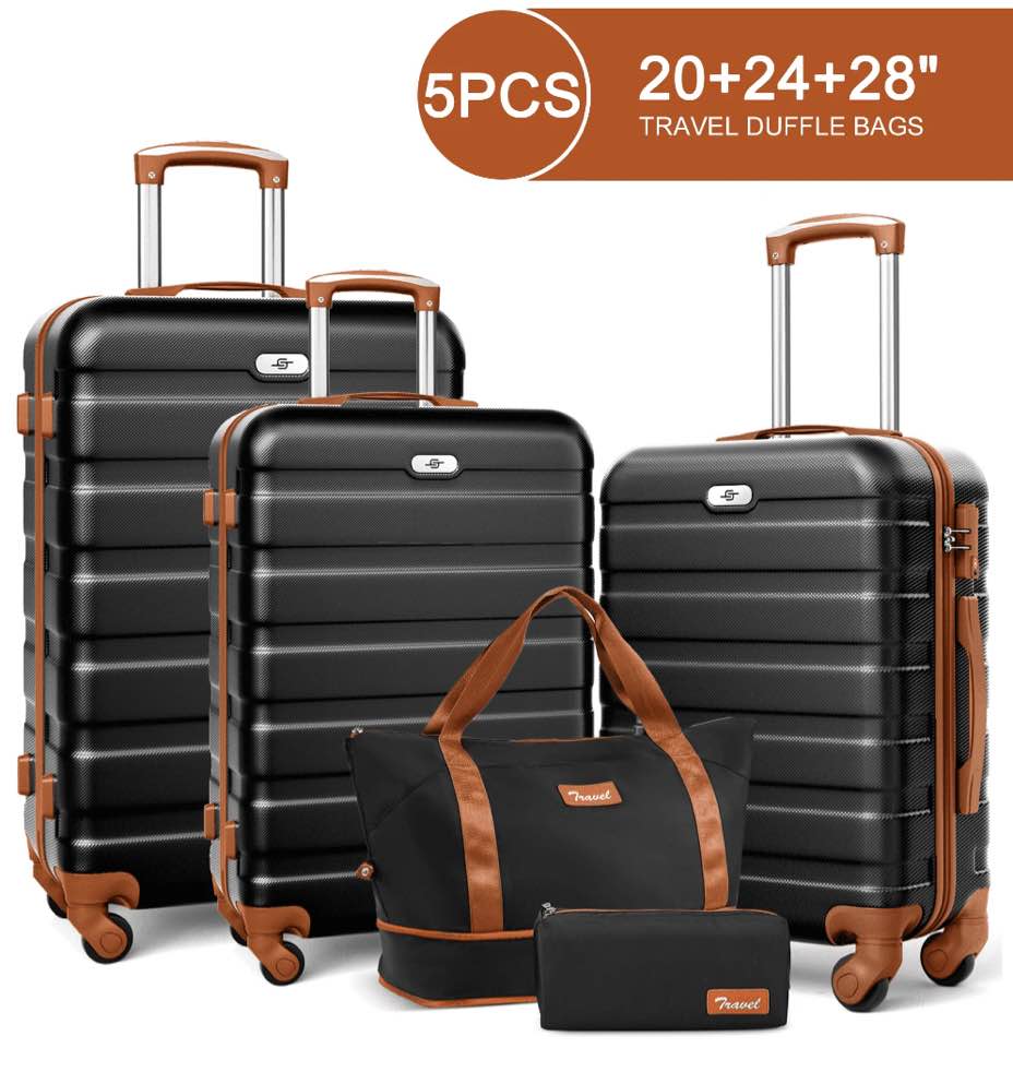 5 Piece Travel Luggage Sets,20/24/28 inch Lightweight Hardshell Carry-on and Checked Suitcase with Expandable Duffle Bags,Black&Brown