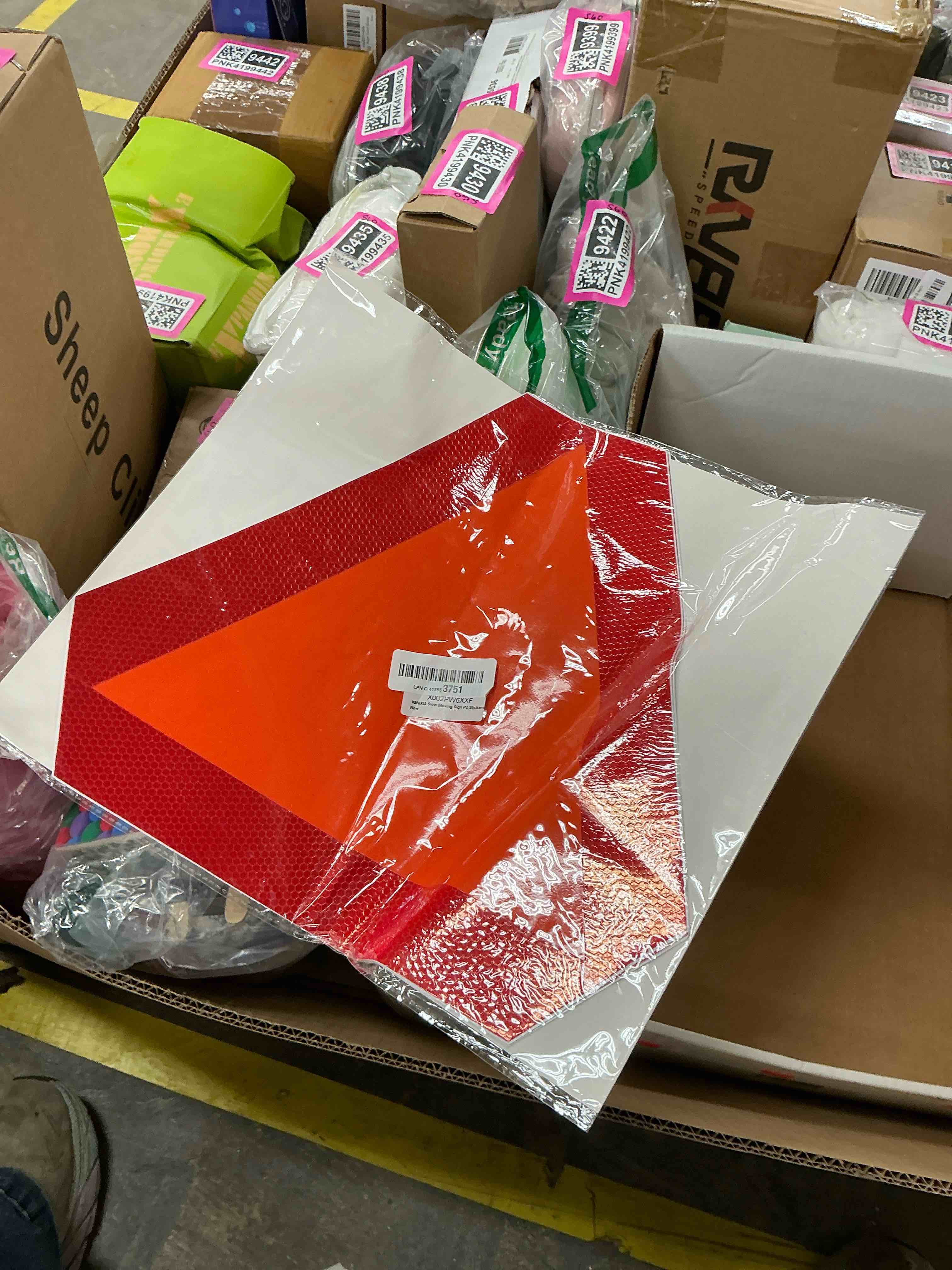 Condition photo showing Good Condition for IGNIXIA (Pack of 02) Slow Moving Vehicle Sign, PVC Vinyl Decal Slow Moving Vehicle Triangle Sticker, 14”x 16” Inches Orange Base with Reflective Border, UTV, Safety Triangle Signs (1)