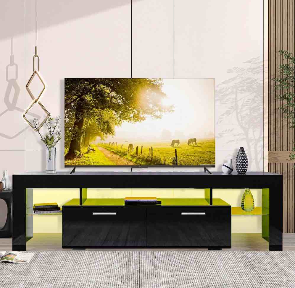 PAPROOS TV Stand for TVs up to 70", High Gloss TV Cabinet with LED Light, Modern TV Console Table with Storage Drawers, Media Television Stand Entertainment Center, Black