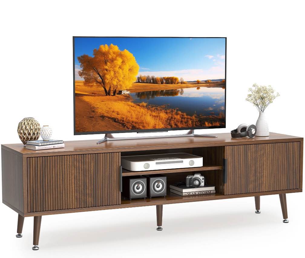 Condition photo showing Good Condition for TV Stand for Living Room, Mid Century Modern Entertainment Center for 55/60/65/70 inch TVs, TV Console with Fluted Door Cabinets and Open Shelves, for Bedroom, Living Room, Walnut
