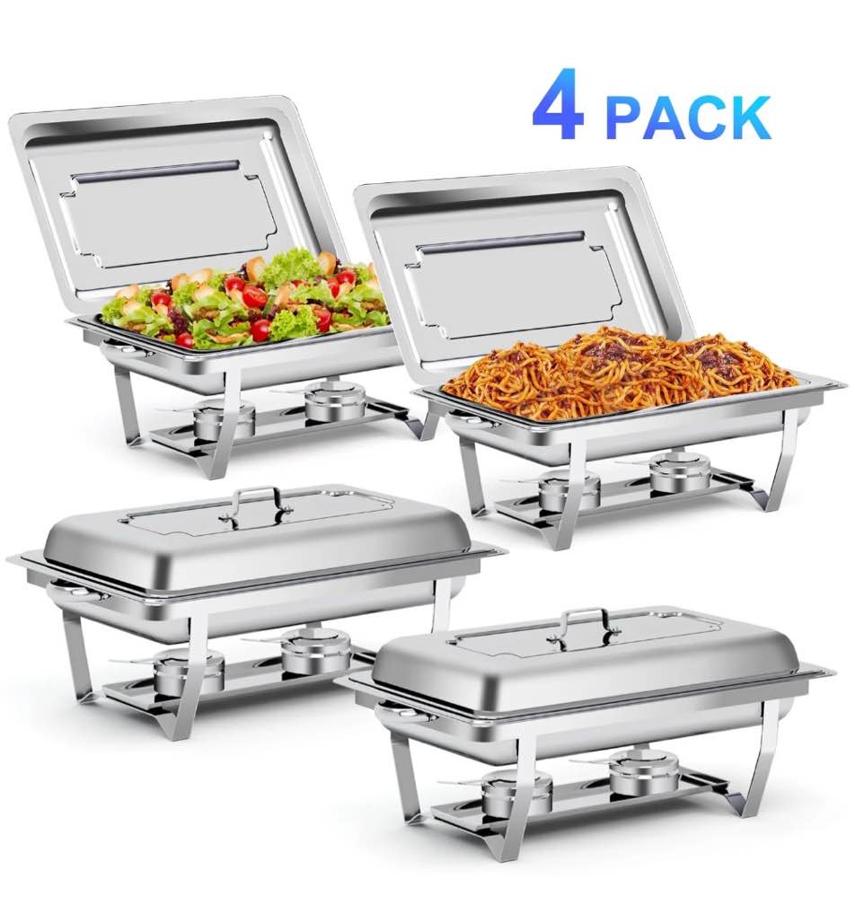 Bluebow 4 Pack Chafing Dishes for Buffet Set, Stainless Steel Catering Chafer, Serving Food Warmer with Lids, Food & Water Pans & Fuel Holders