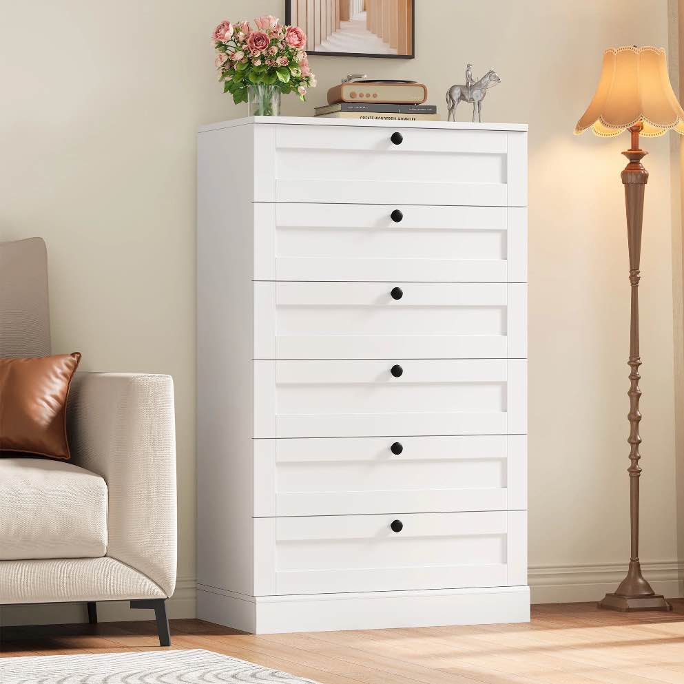 Homfa 6 Drawer Vertical Dresser for Bedroom, Modern Chest of Drawers Wood Storage Cabinet for Living Room, White