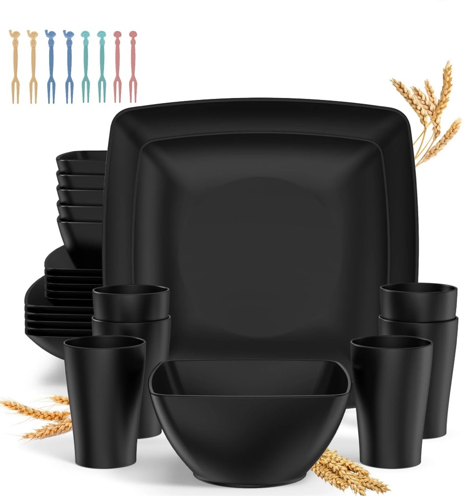 GPED 32 Pcs Wheat Straw Square Dinnerware Sets For 6, Unbreakable Dish Sets, Reusable Plates and Bowls Sets, Dinner Plates, Travel Camping Cutlery Set, Dishwasher Microwave Safe, Black