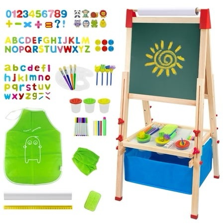 Urban Deco EASEL for Kids Wooden Magnetic Chalkboard &Whiteboard for Toddlers with Paper Roll Best Christmas Birthday Holiday Gifts